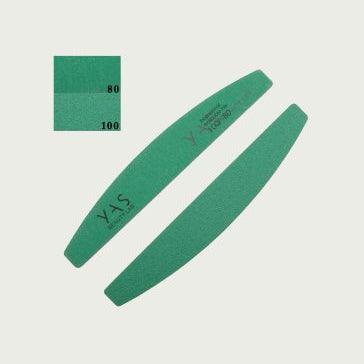 Two green nail files with the brand name 'YAS' printed on them, one with 80 grit and the other with 100 grit indicated on the surface.