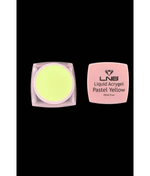 The image shows a small open container of Liquid Acrygel in Pastel Yellow color, alongside its packaging box with the brand and product details.